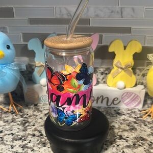 Colorful Butterfly Glass Tumbler with Straw